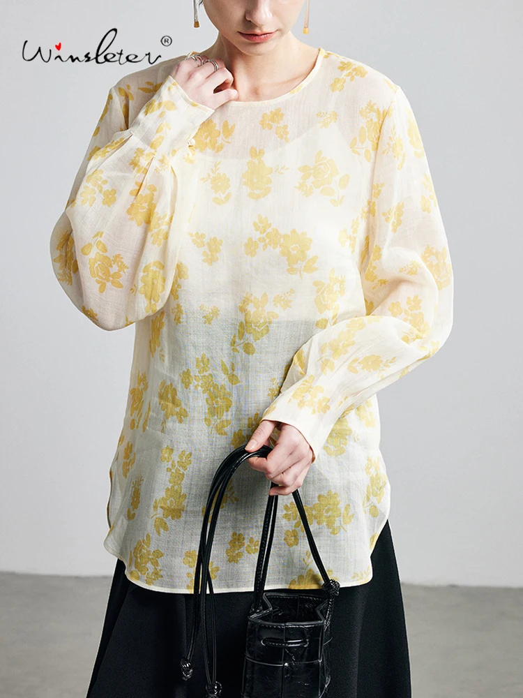 

Winsleter-100%Ramie Elegant Shirt, Long Sleeve O Neck Print, Women Casual Vacation Sunscreen Loose Blouse, 2026 Spring T63347CC