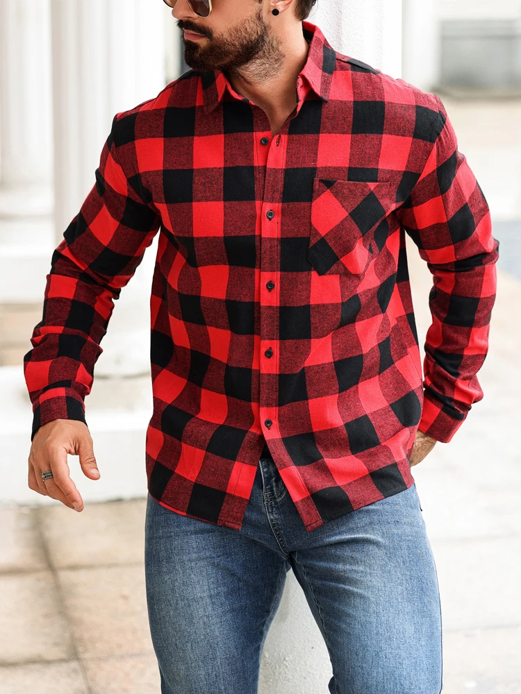 Fashionable Plaid Woolen Cardigans Mens Shirt Tops 2025 Spring Casual Long Sleeve Shirts For Men Streetwear Trendy Lapel Shirts