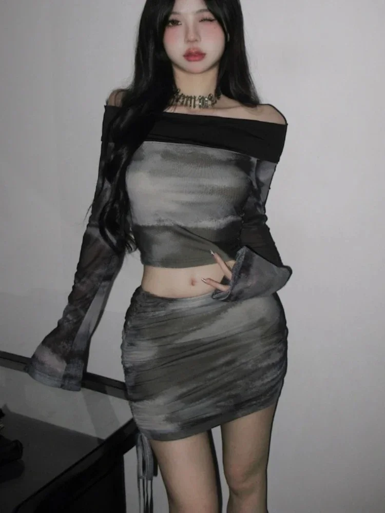 

Женская одежда, сексуальные комплекты из двух предметов, футболка с разрезом на шее и длинными рукавами, облегающий костюм с мини-юбкой на шнурке, шикарные летние наряды с принтом тай-дай