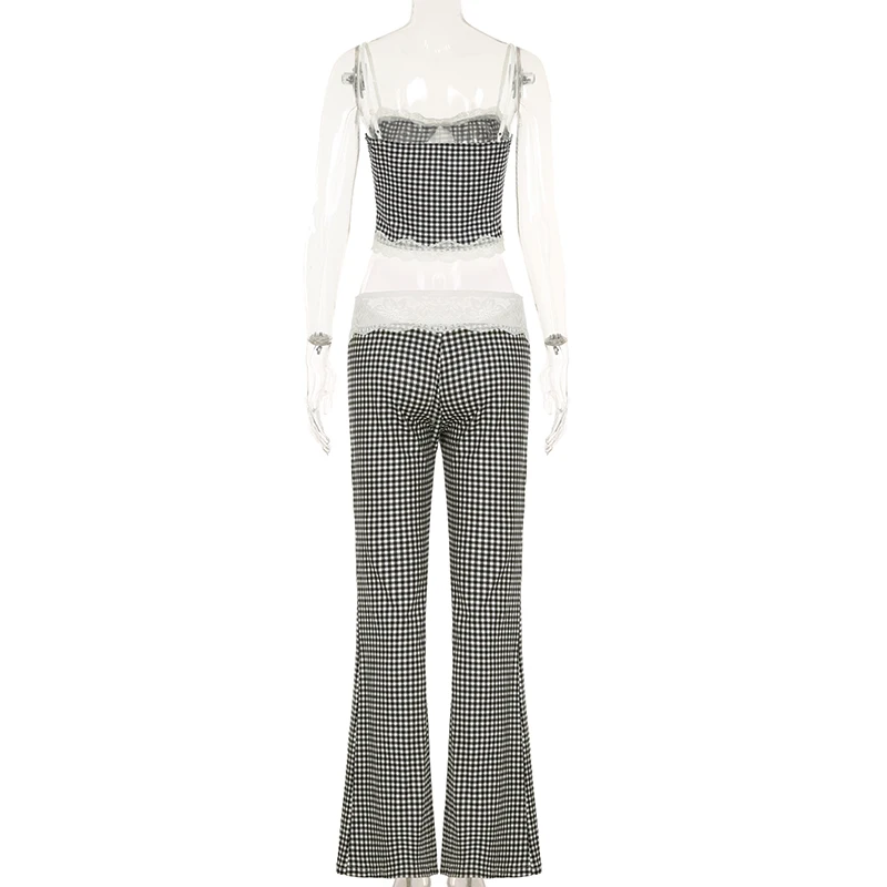 BIIKPIIK Plaid Lace Flare Pants Sets Patchwork Elegant Women Casual Two Piece Suit Streetwear Sweet Tank Top Autumn Slim Fit Set