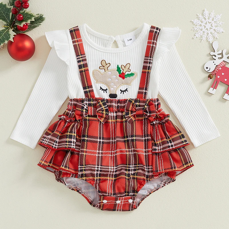 

Toddler Baby's Clothes Girls Christmas Romper Dress Reindeer Embroidered Plaid Ruffled Trim Ribbed Long Sleeve Jumpsuits