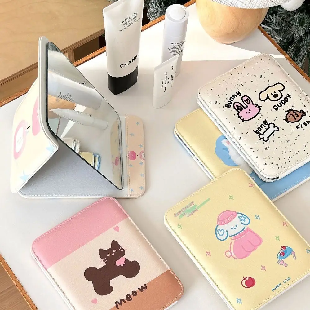 Small Pu Leather Desktop Stand Mirror Cartoon Puppy Flower Fold Makeup Mirror Easy To Carry Cat Vanity Mirror Bedroom