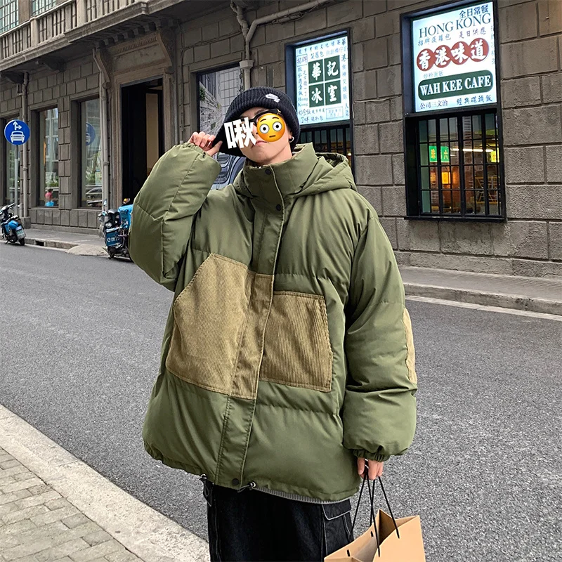 Winter Jacket Men Warm Fashion Retro Hooded Coat Men Korean Green Black Loose Thick Jacket Mens Parker Oversized Short Coat M-XL