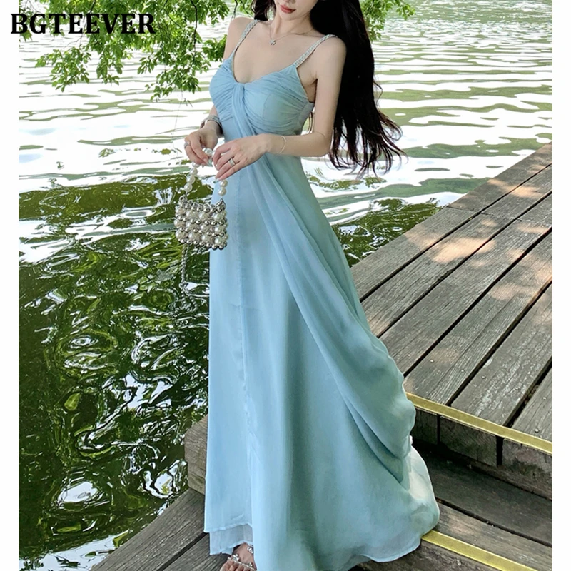 

BGTEEVER Summer Elegant V-neck Women Spaghetti Strap A-line Dress Casual Slim Waist Ladies Sleeveless Midi Dress