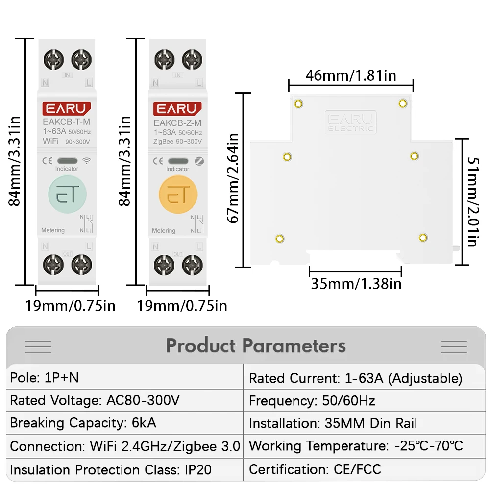 Tuya WiFi ZigBee Smart Circuit Breaker MCB 1P+N 63A Power Energy kWh Voltage Current Meter Protector Voice Remote Control Switch