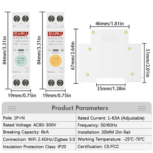 Imagen 2 del producto Disyuntor inteligente Tuya WiFi ZigBee MCB 1P + N 63A energía kWh medidor de corriente de voltaje Protector interruptor de Control remoto por voz