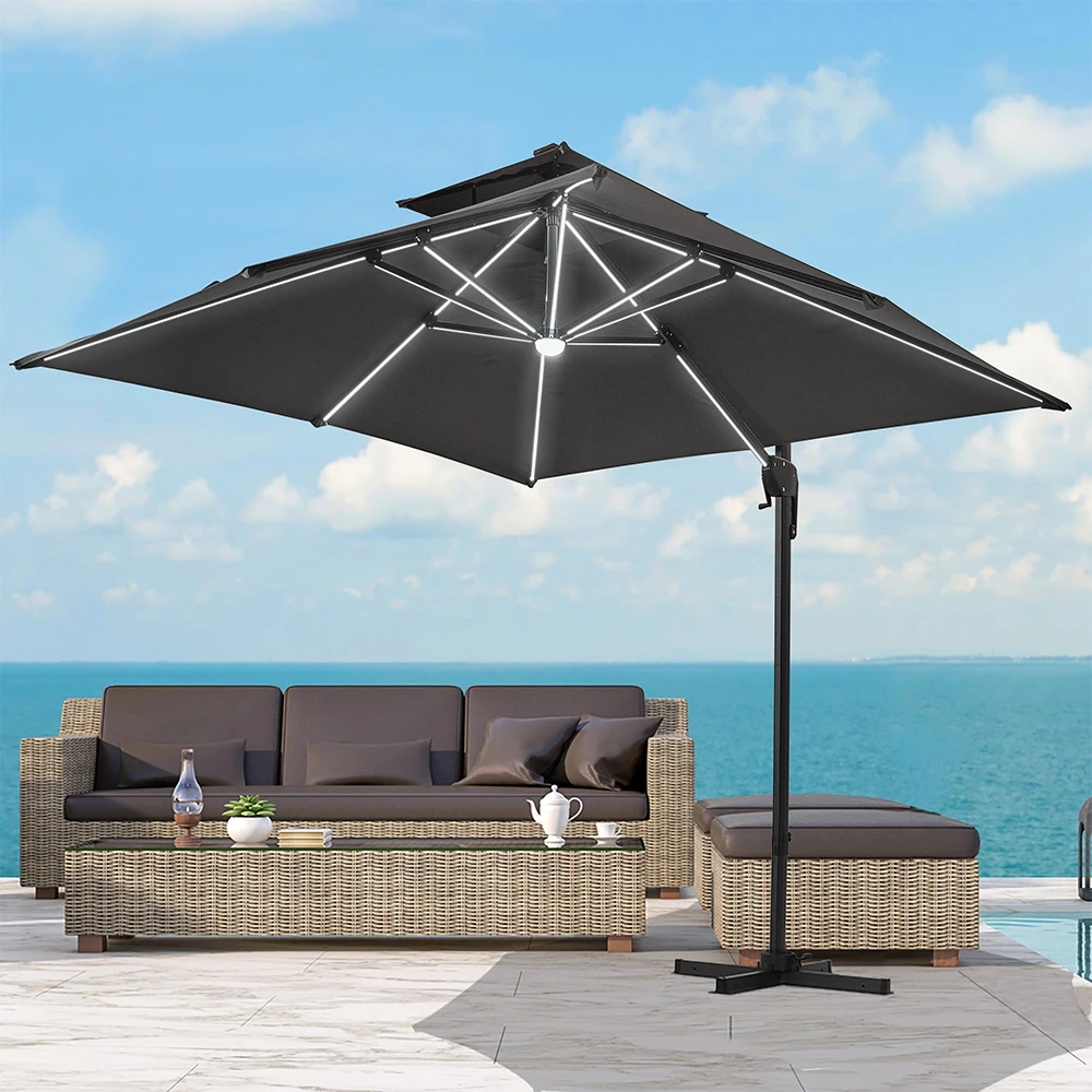 3M Dark Grey Garden LED Light Parasol Outdoor Umbrella with Cross Base