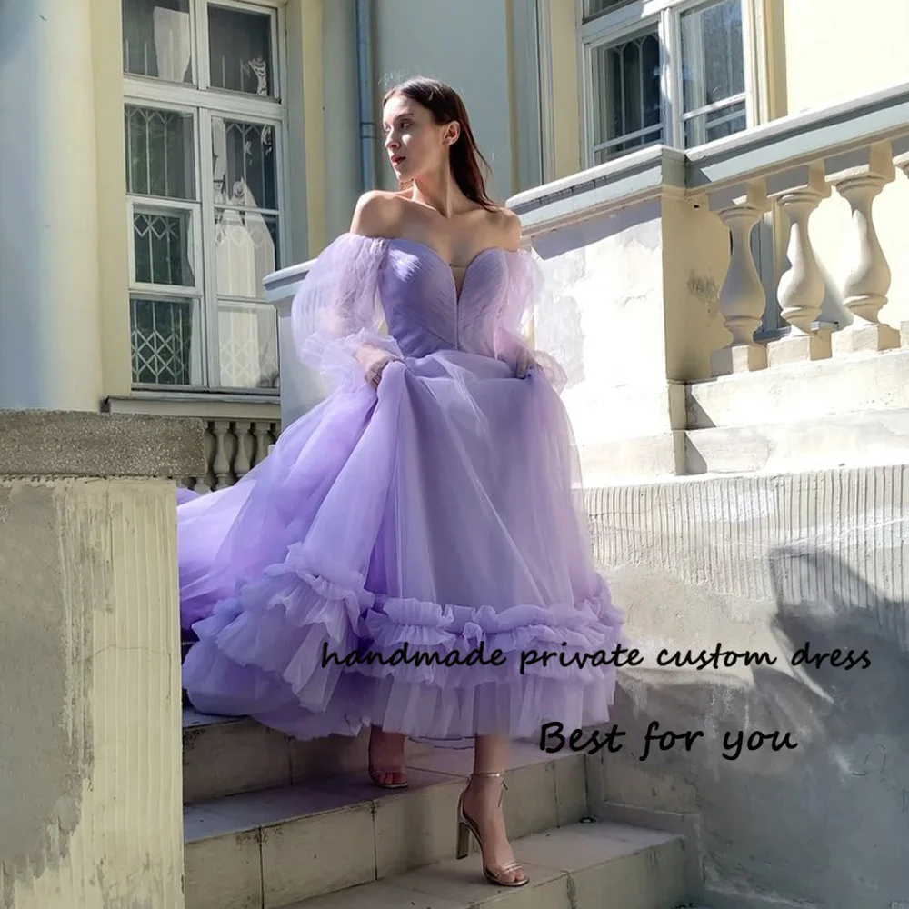 

Lavender Tulle Fairy Prom Party Dresses Sweetheart Puff Sleeve A Line Evening Dress Floor Length Homecoming Graduation Gowns