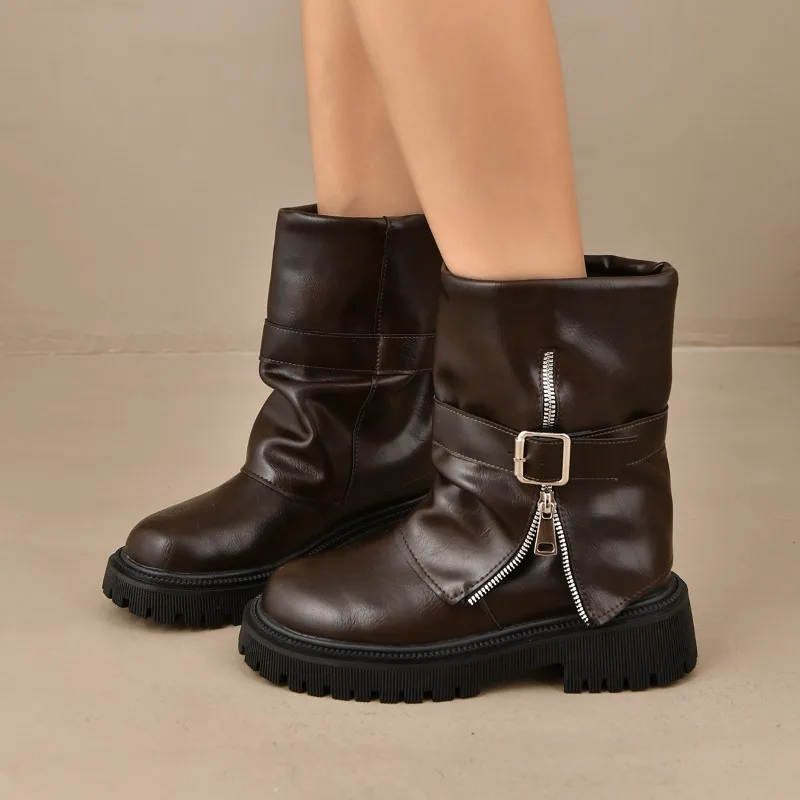 2026 New Round-Tip French Retro Side-Zip Pleated Leather Belt Closure Short Boot Leg Boots Women's Boots