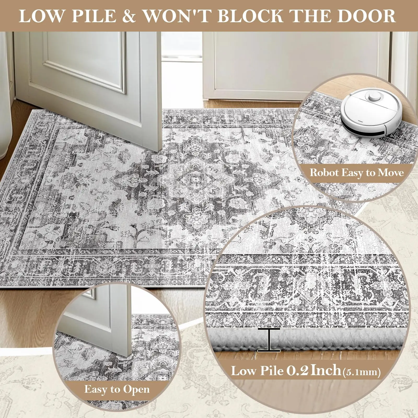 Machine Washable Vintage Low Pile Area Rug 3
