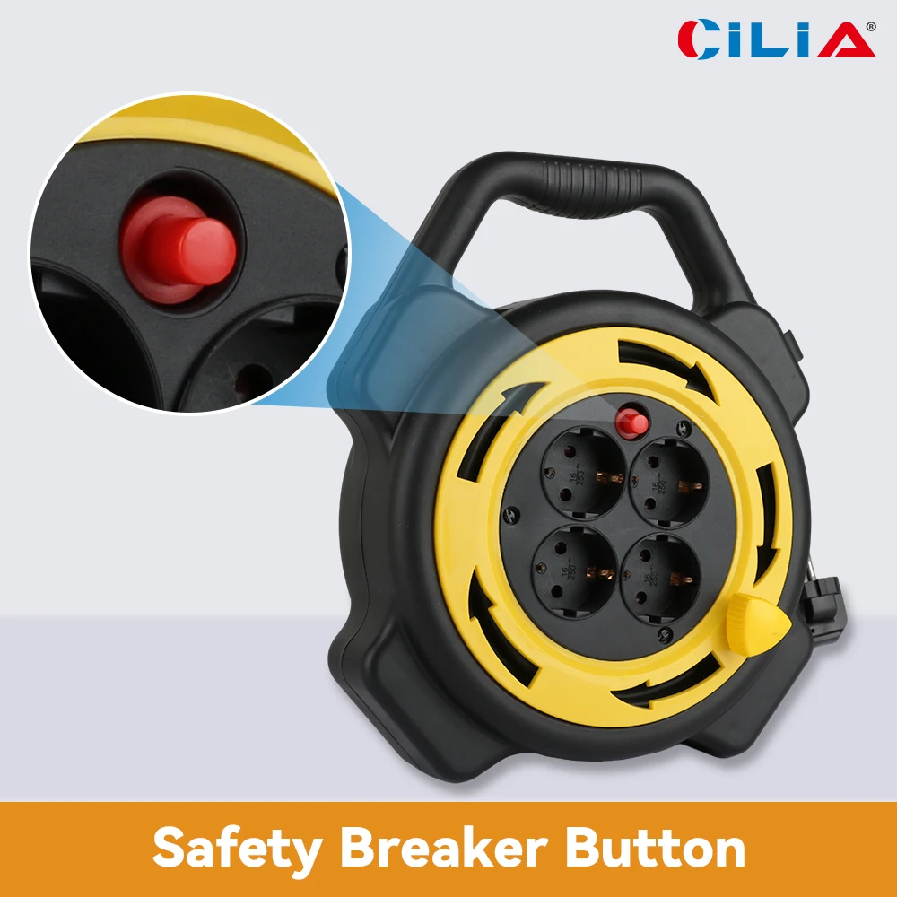 3000W Retractable Extension Cord Reel, Cilia 10M Cable with 4 Sockets, Multi Tap Power for Indoor Garden Home Use