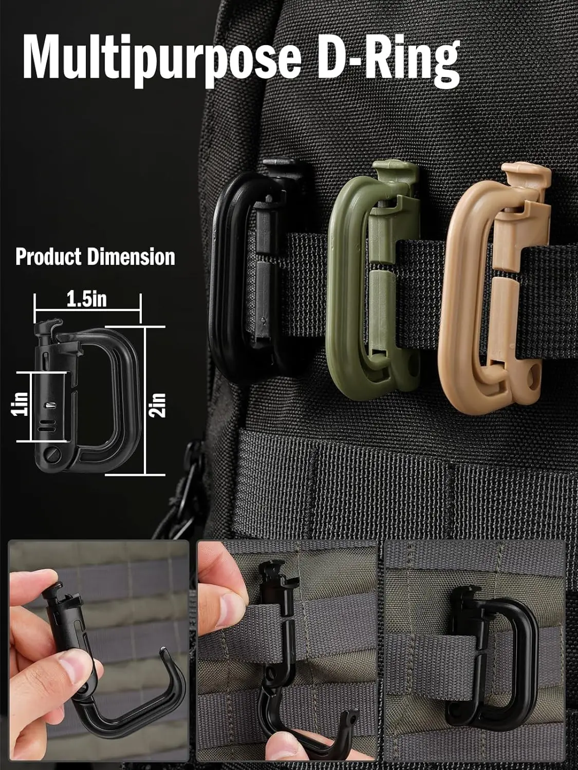 Molle Carabiner Tactical Plastic Grimlock D-ring Snap Hook Buckle Lock For MOLLE Webbing Attachment Backpacks/Pouch/Bag/Belt