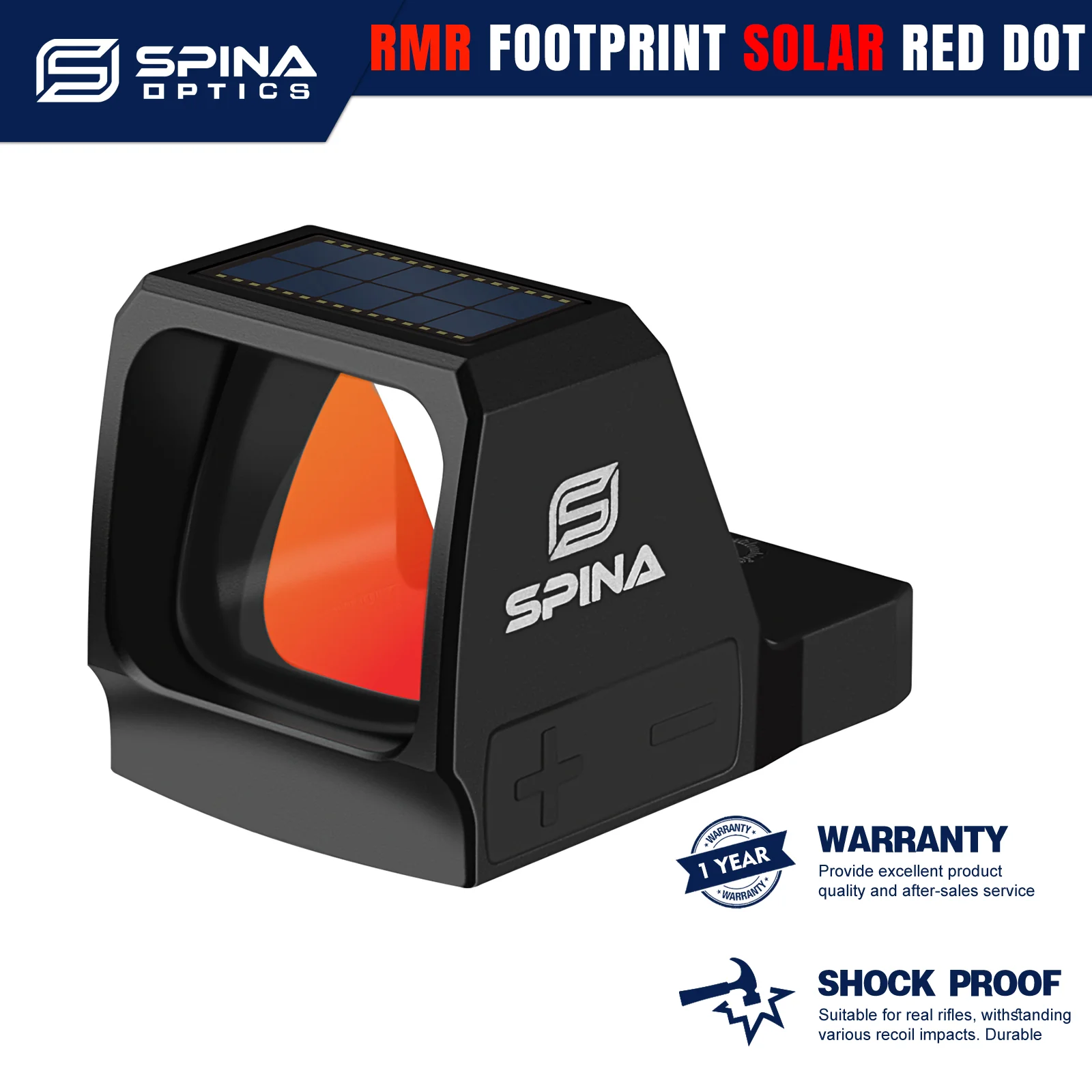 

SPINA OPTICS Solar Energy Wide Field of View Red Dot Sight RMR Glock Pistol Dot Scope with RMR Footprint Adapter/20mm Rail Base