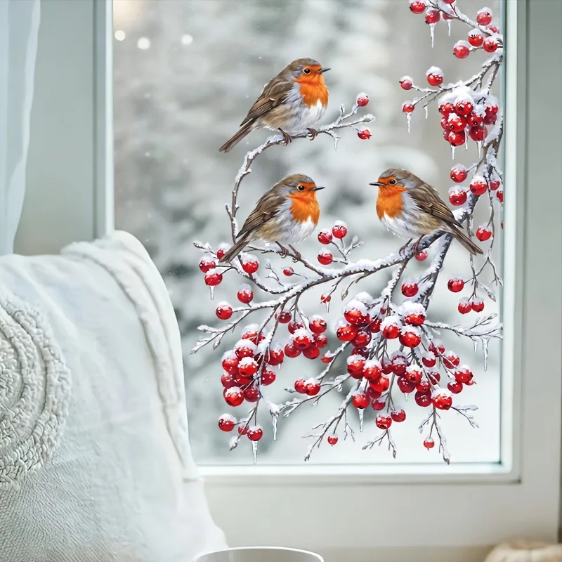 Christmas Robin Berry Static Window Cling, Double Sided Winter Branch Indoor Window Holiday Decor