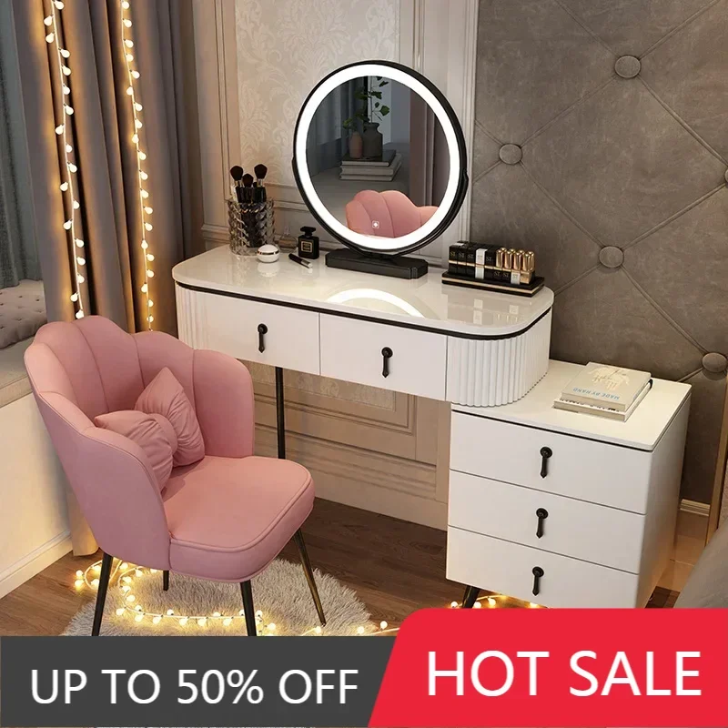 

Makeup Vanity Minimalist Dressing Table Led Mirror White Lights Nordic Modern Extension Tables Drawers Meuble Bedroom Furnitures