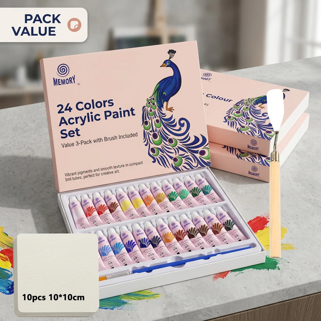 Acrylic Painting Kit for Students 12/24 Colors 5ml Each with Scraper 10 Sheets 10x10cm Watercolor Paper - Creative Art Supplies