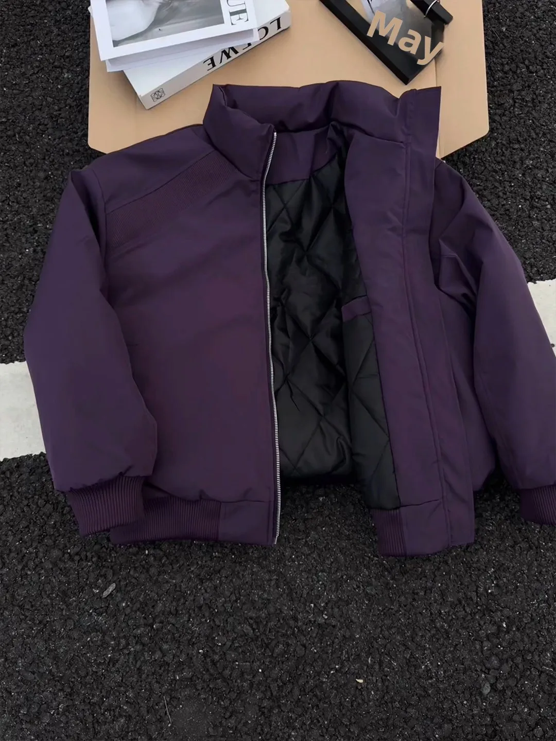 

Thiened Warmth Purple Flight Jaet Men's Cottonwear Winter ort Coat Zipper Closure Polyester Stand Sve Length