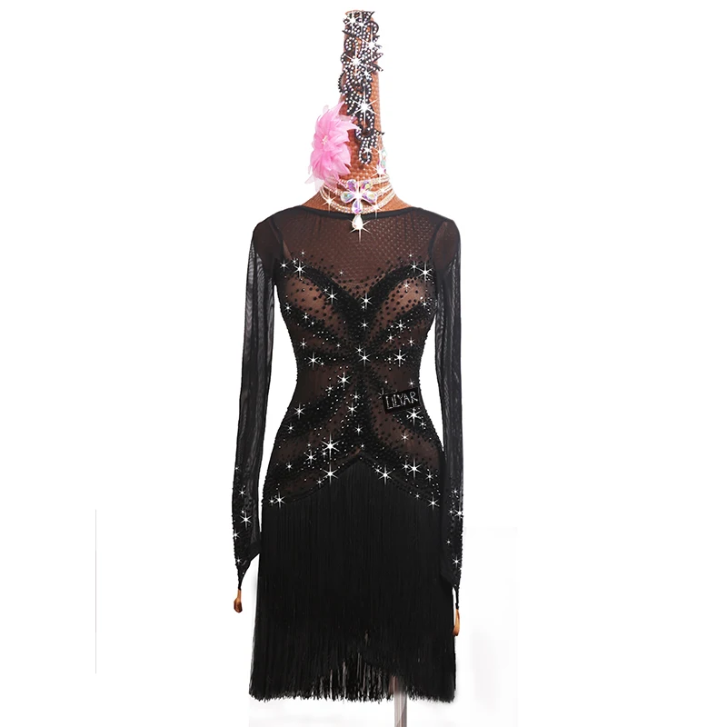 New Latin Dance Competition Performance Art Exam Black Elastic Mesh Flash Diamond Sexy Tassel Long sleeved Dance Dress