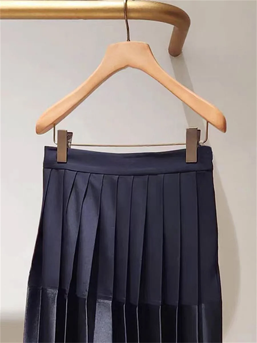 Dark Blue Women High Waist Midi Skirt 2025 Autumn New A-Line Zipper Pleated Fashion Casual Ladies All-Match Jupe