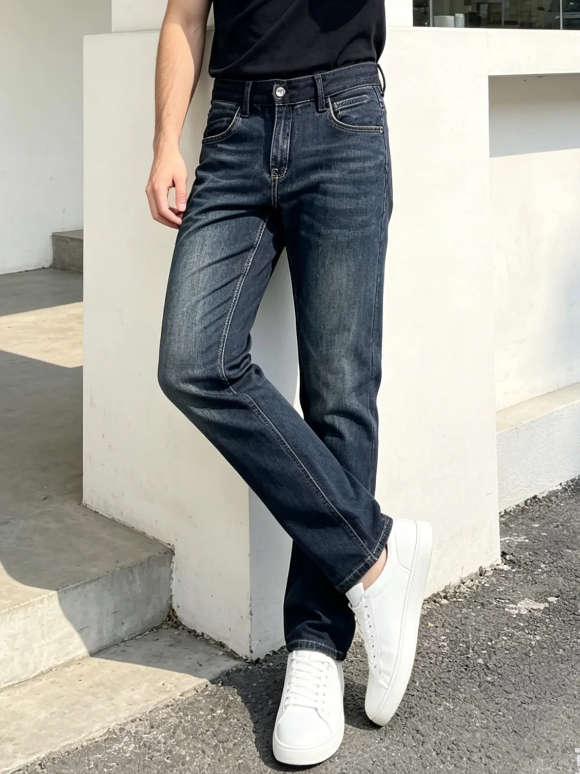 【HME】Men's Jeans | Classic Dark Wash Denim Pants For Men, Natural Cat‑Whisker Faded Denim Jeans, Durable Solid Male Denim Trousers, Standard Five‑Pocket Design Denim Bottoms, Wear‑Resistant Denim Wear For Daily Casual And Commuting Occasions