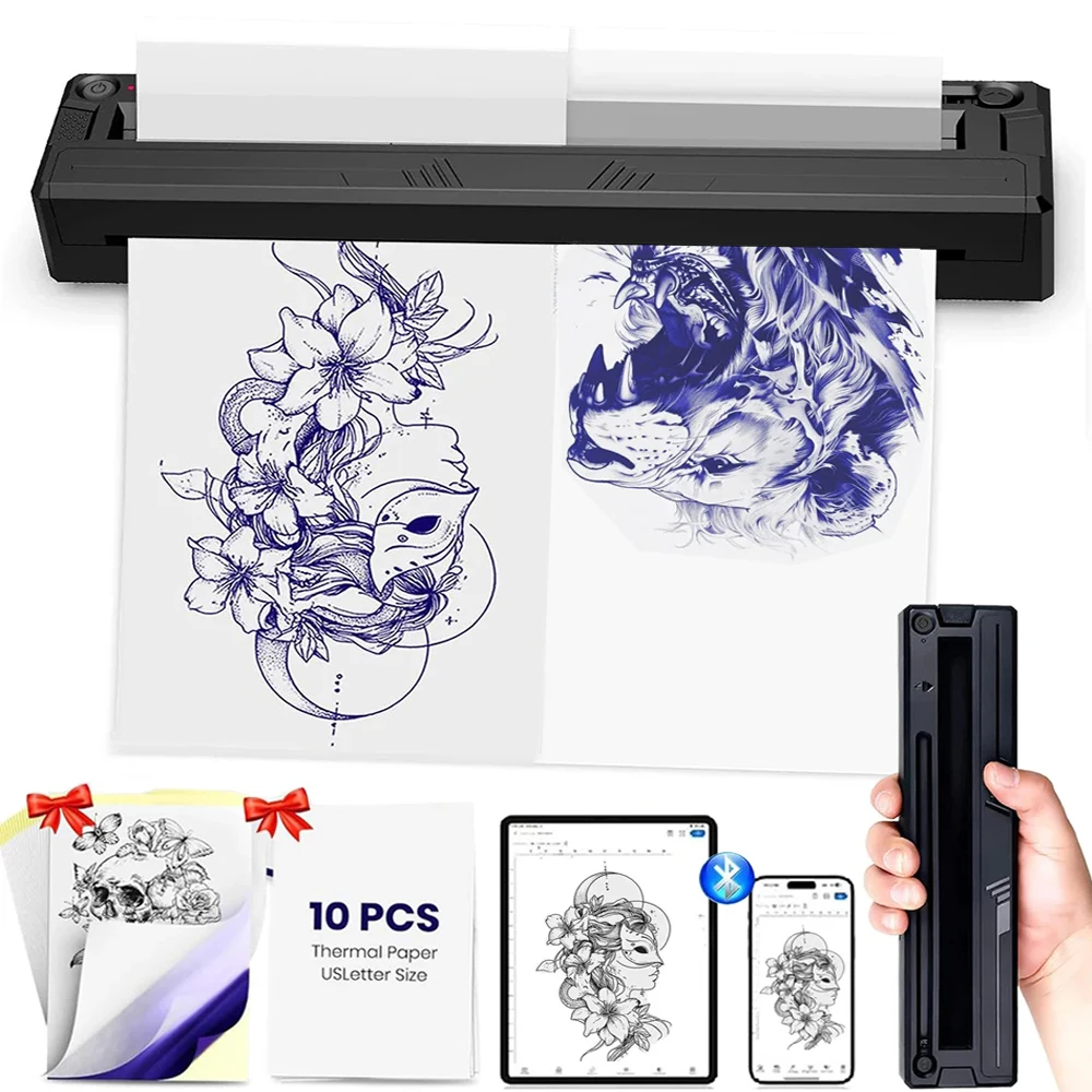 

Беспроводной термопринтер для тату-трафаретов с 10 листами трансферной бумаги, совместимый с телефоном/планшетом/ПК