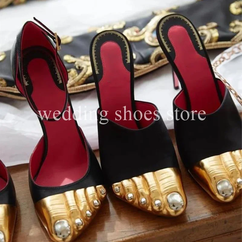 

DIY Golden Five Toes Runway Look Half Head Slipper High-Heel Wedding Genuine Leather Summer Party Stiletto Heel Women Shoes