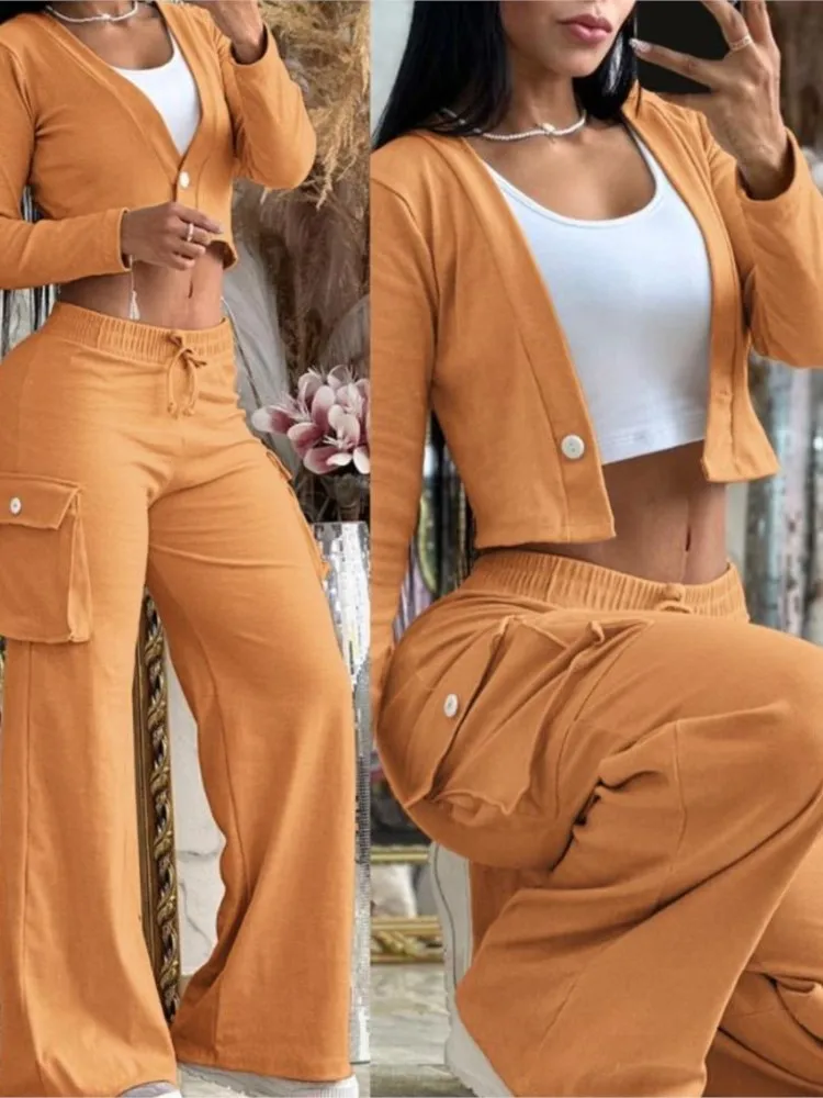 Women\'s Fashion Solid Two Piece Sets Spring Autumn Deep V-neck Button Long Sleeve Navel Exposed Top & Wide Leg Pants Casual Set