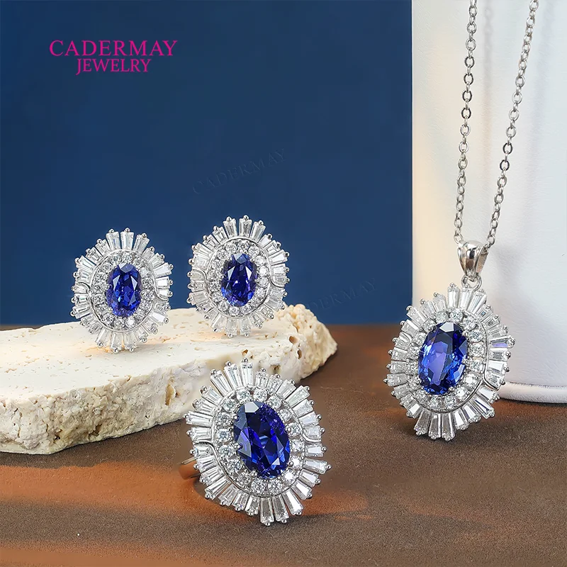 

Cadermay Lab Sapphire Jewelry Set 925 Silver Synthetic Sapphire Earings Ring Pendant Women Jewelry Set Gift Party Wedding