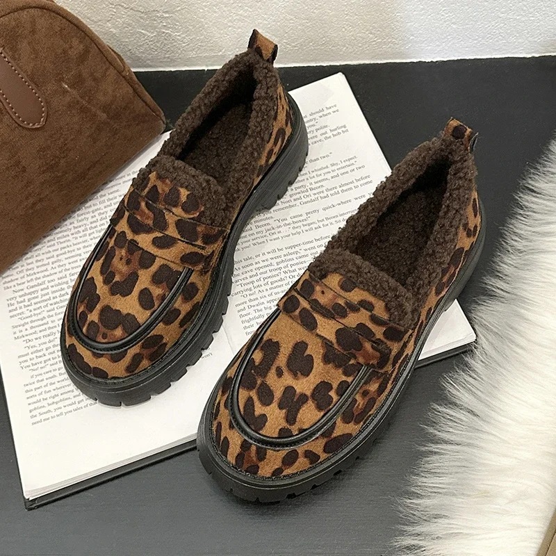 Leopard Woman Platform Shoes Warm Loafers Designer 2024 Trend Winter New Outdoor Casual Sneakers Non-slip Pump