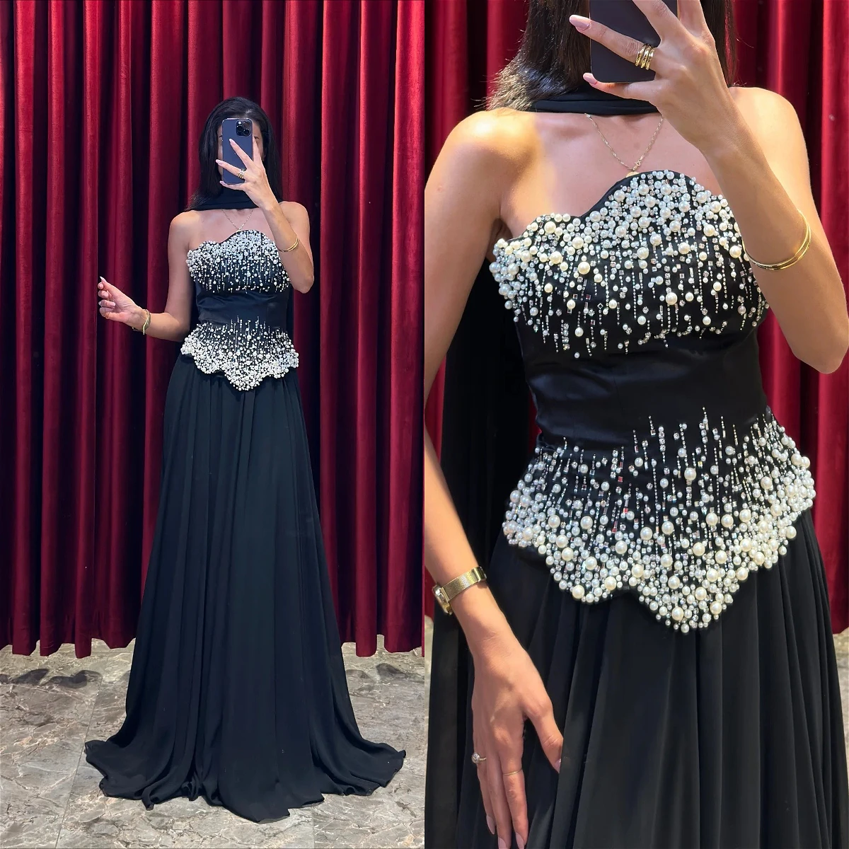 Customized Black A Line Chiffon Evening Dress Strapless Cascading Rhinestone Beading Satin Wedding Guest Gown