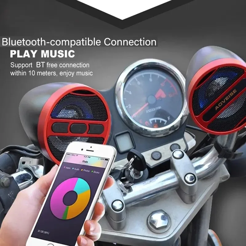 Speaker Kompatibel dengan Bluetooth Sepeda Motor Pemutar Musik MP3 12V Tahan Air Radio FM Stereo USB untuk Setang 22-30MM MT473