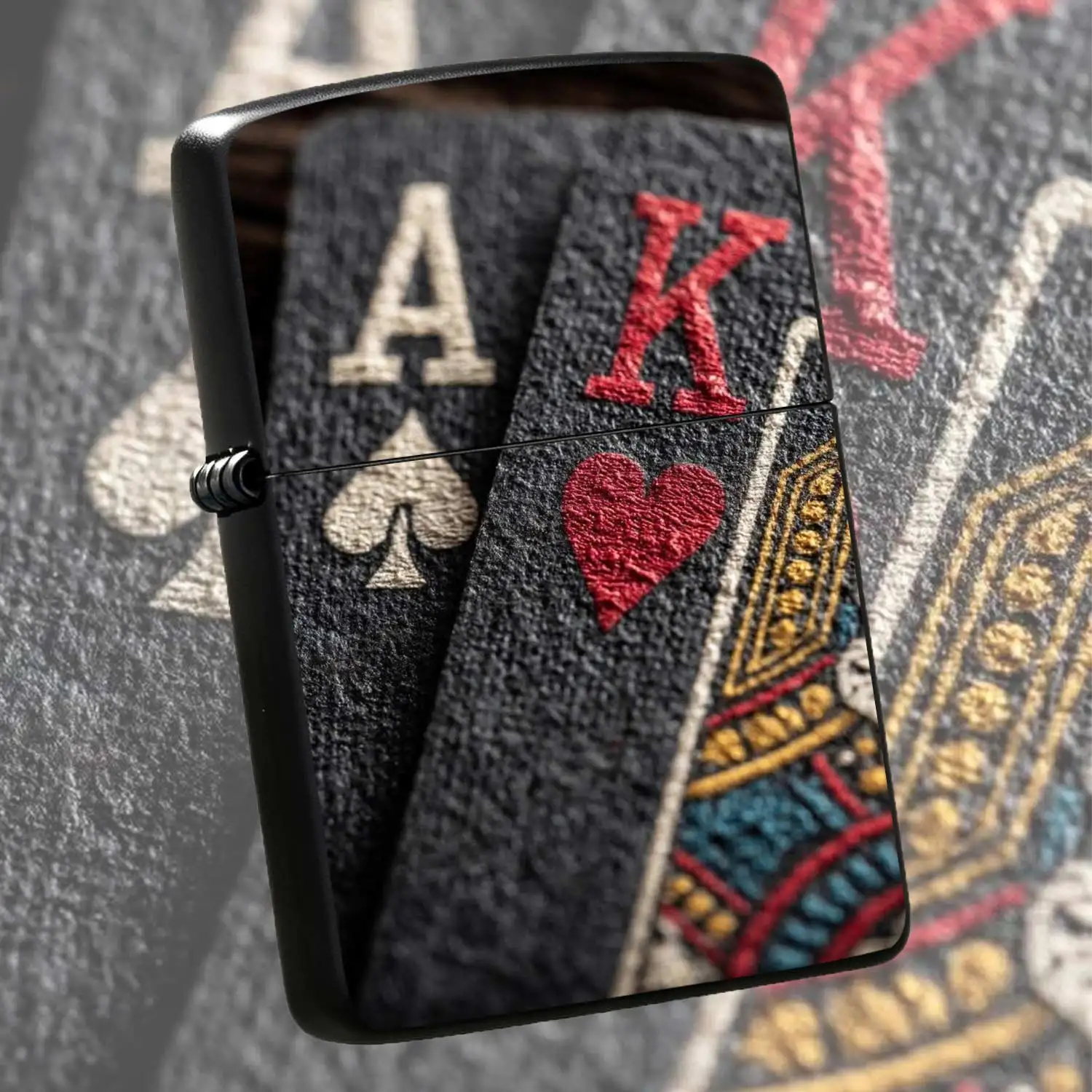 Vintage Black Pattern Poker AK Themed Flip-top Metal Lighter Refillable Windproof Pocket Lighter With Textured Finish Portable Personalized Creative Ignition Device Suitable For Daily Outdoor Carry Play and Gifting Humorous and Fun