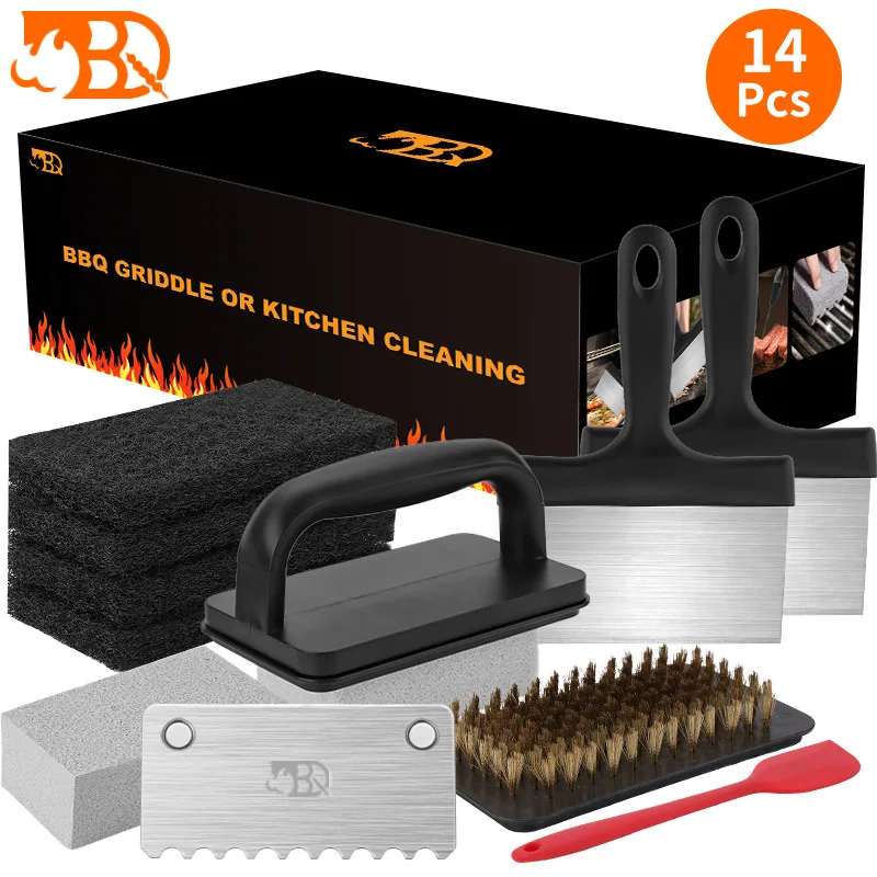 14 Pcs Griddle Cleaning Kit for Blackstone, Complete Flat Top Grill Accessories Kit with Scraper, Cleaning Brick, Scouring Pads