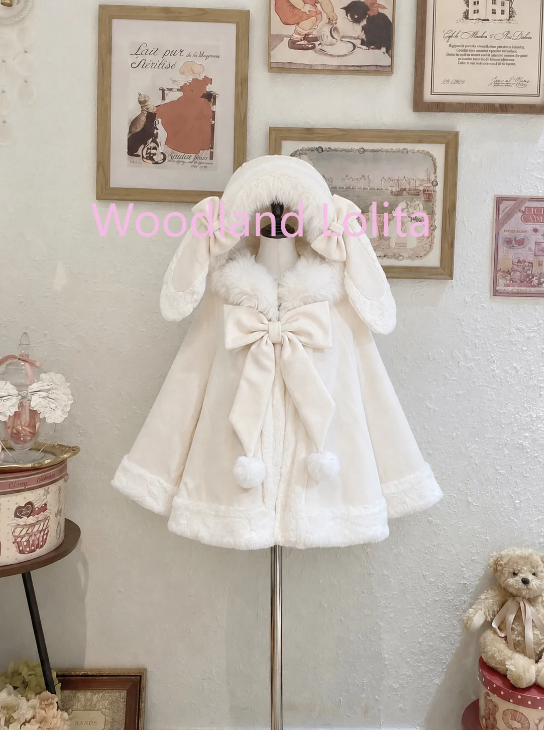 Autumn Winter Cute Sweet Cape Coat Womens Rabbit Ear Plush Lolita Hooded Coat Elegant Kawaii Loose Cape Christmas Costumes New