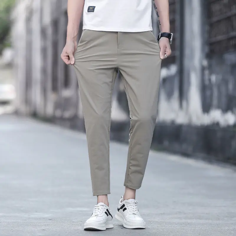 

2022 Men's Summer Fashion Solid Ice Silk Trousers Male Mid-Waist Straight-Leg Men Thin Quick-Drying Breathable Casual Pants G238