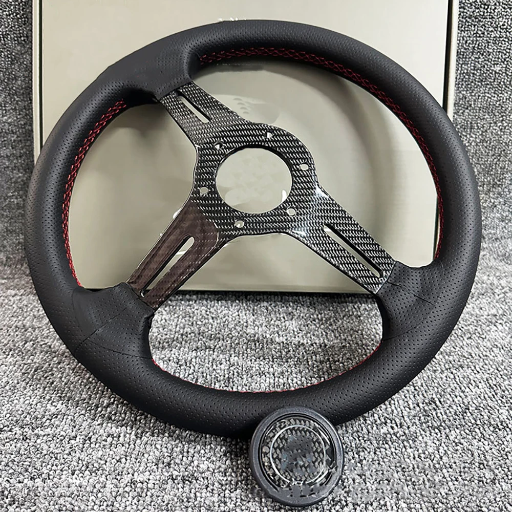 New Racing Car Modified Quick Release Steering Wheel 14 Inch Carbon Fiber Bracket Classic Leather Shallow Concave Universal