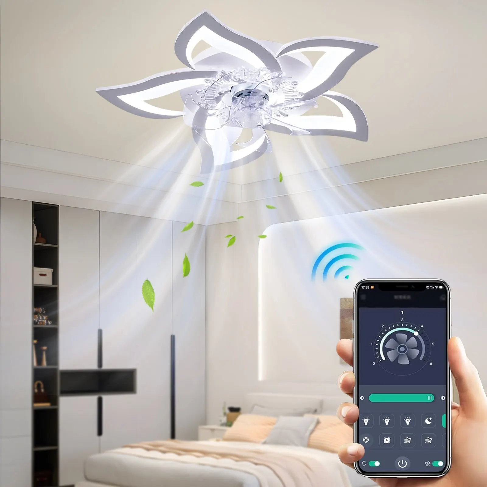 Ventilateur de plafond créatif Lotus avec lumière LED, faible bruit, lustre, pour salon, salle à manger, chambre, cuisine, luminaires domestiques
