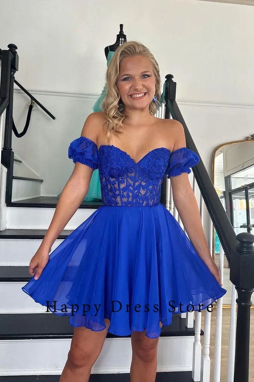 2024 Blauwe Sexy Moderne Korte Prom Dress Voor Vrouwen A-Lijn Lieverd Chiffon Kanten Up Custom Verjaardagsavondfeest Verjaardagsjurk