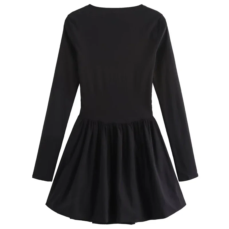 TRAF Pleated Short Dresses Womens Dresses Mini Balloon Long Sleeve Vestidos Women's Dress Black Square Collar Dress Casual Dress