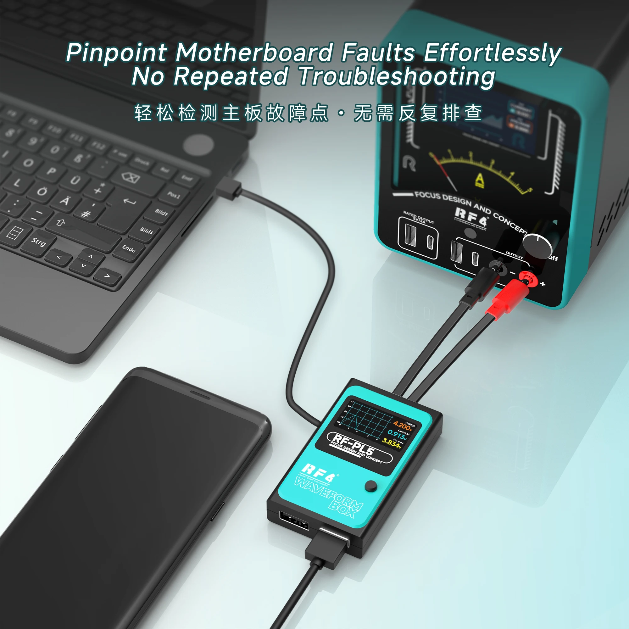 RF4 Digital Display Repair Power Supply with Boot Cable and Current Analyzer – A Testing Tool for iPhone PCB Repair