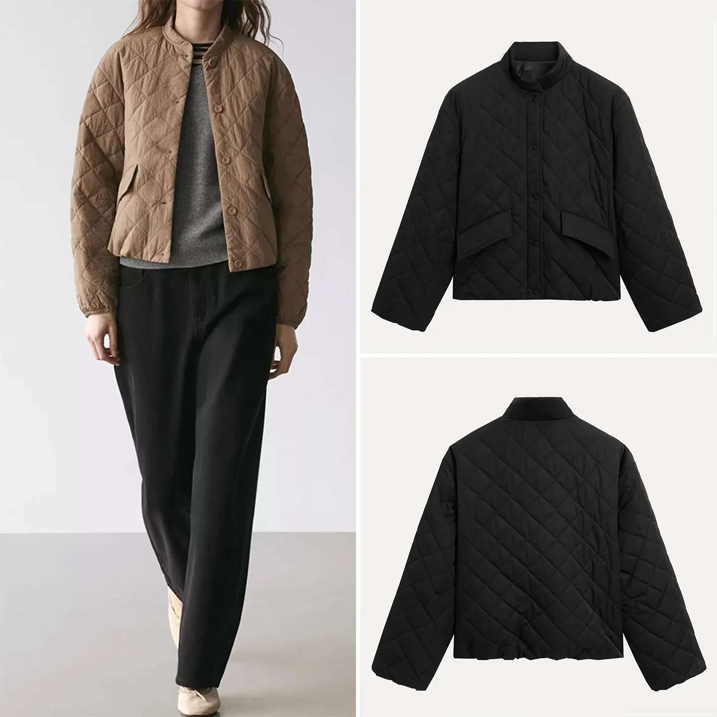 

Женская модная короткая стеганая куртка Z 2025 года, новая модель с ромбовидным узором, приталенная, с длинными рукавами, на пуговицах
