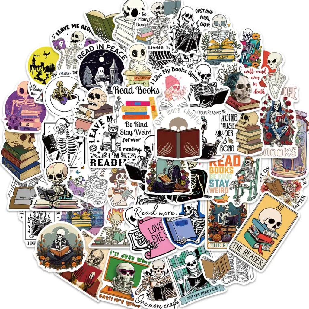 50pcs Stickers Skeleton Reads Books Graffiti Cartoon Skateboard Waterproof Luggage Sport DIY Laptop Car Stickers Decal Kids