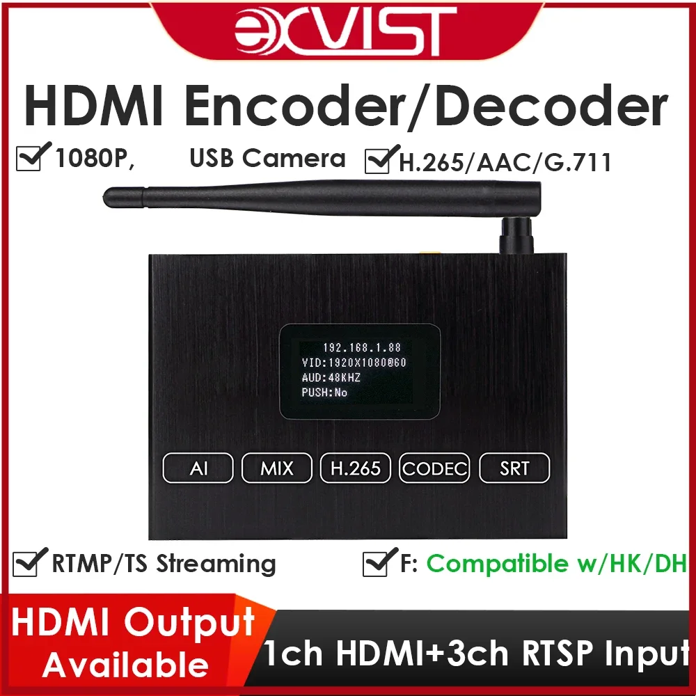 H.265 1080P WiFi HDMI Encoder/Decoder with Loopout & Screen Dual USB2.0 for Webcam Recording ONVIF/HK Compatible IPTV YouTube