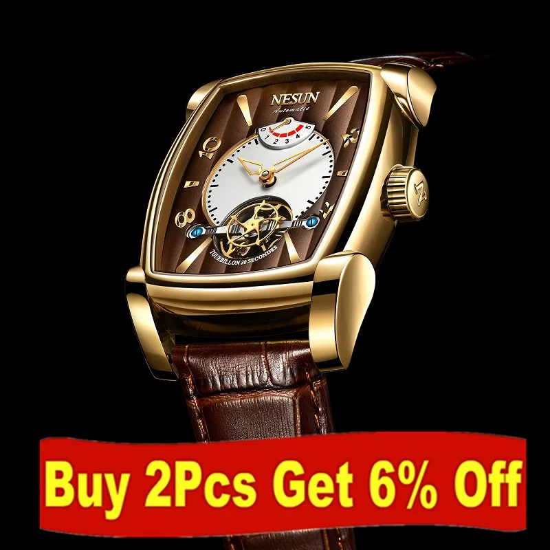 Nesun For Men Watch Skeleton Automatic Tourbillon Wristwatch Rectangle Dial Mechanical Hollow Power Display Mekanik Kol Saati