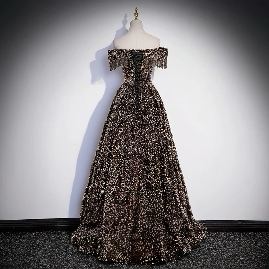 Preciosos vestidos de lentejuelas para celebridades, sin tirantes, corte en A, borlas, hombros descubiertos, fiesta de princesa, vestidos de noche para ocasiones formales