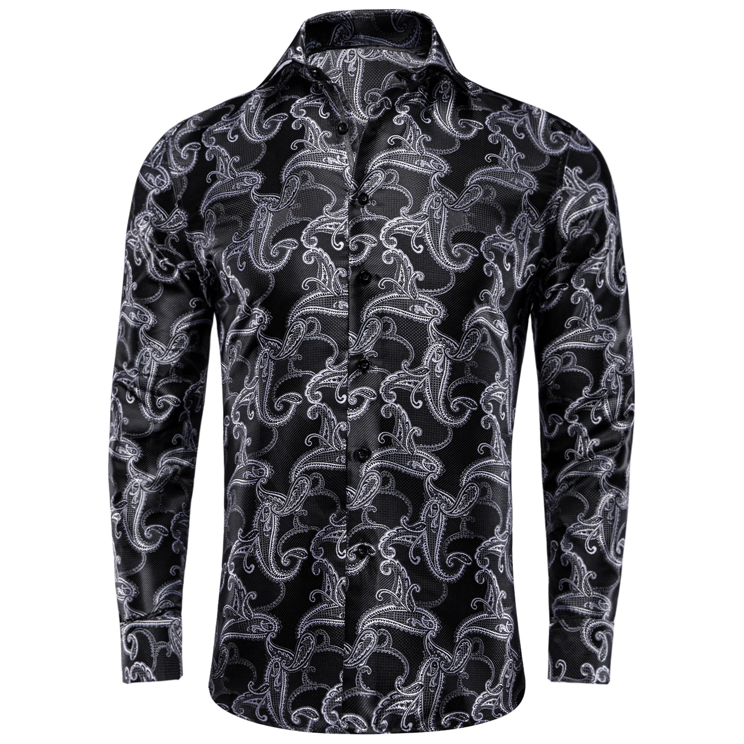 Hi-Tie Silk Mens Shirts 26 Colors Jacquard Slim Shirt Long Sleeve Casual Blouse Outerwear Summer Beach Navy Blue Pink Red Green