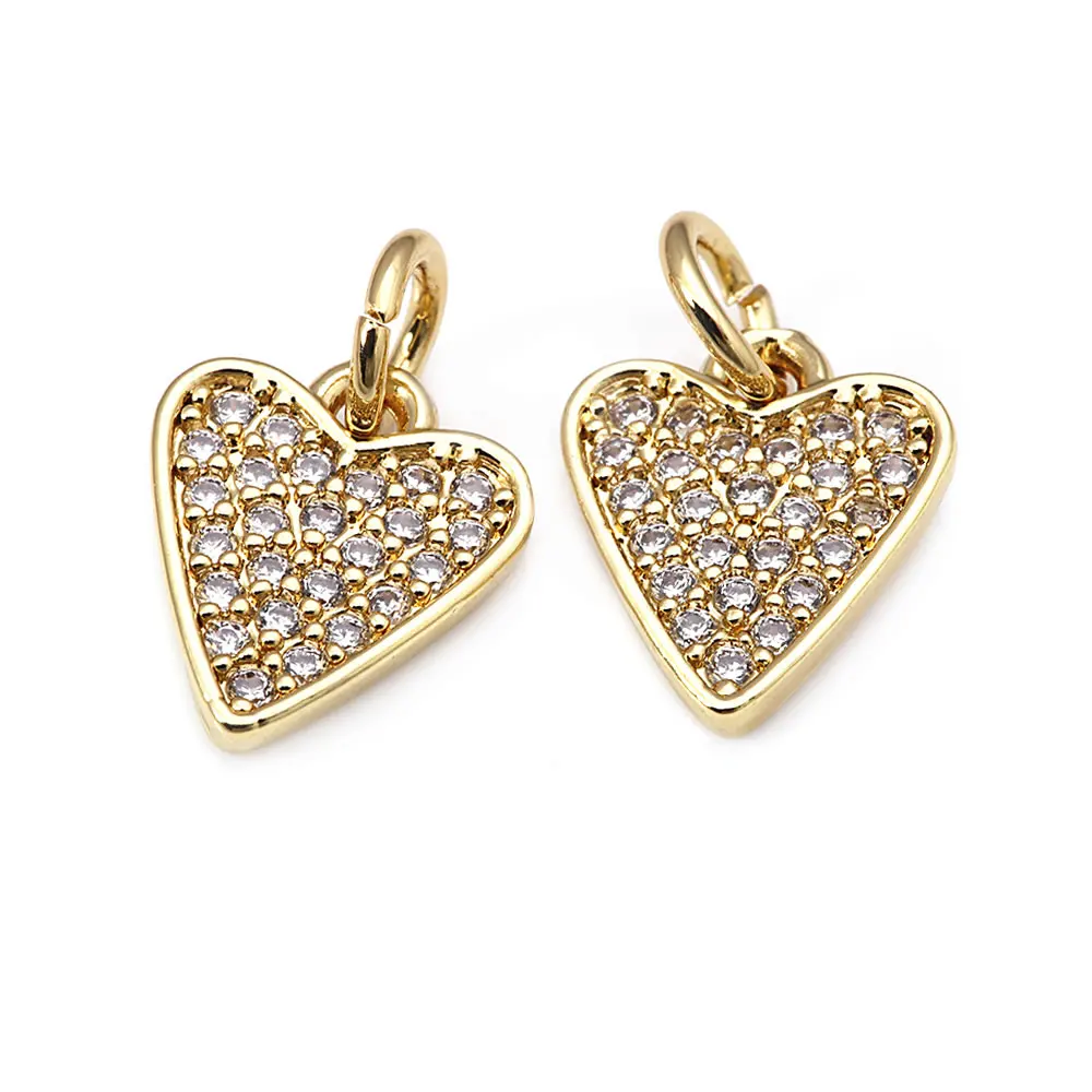 18K Gold Color 10.5x9MM Brass Zircon Heart Charms Pendants High Quality Necklace Earrings Jewelry Accessories Materials