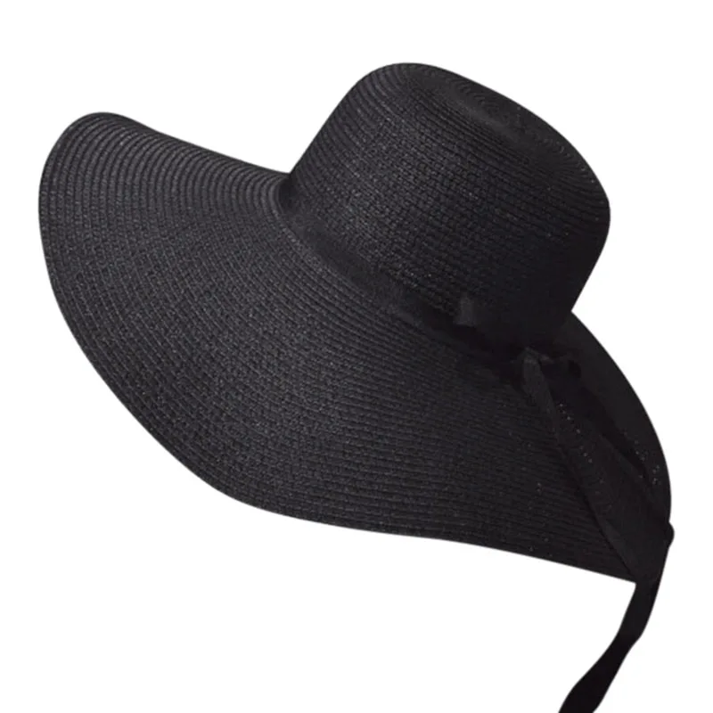 Hot Women'S Wide Brim Summer Beach Sun Hat Lady Straw Floppy(Black)