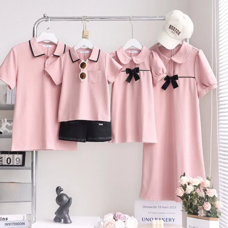 Family Matching Outfits Parent-child Clothes Summer Mother Daughter Dress Korean Father Son Polo Shirts Shorts Two Piece Sets