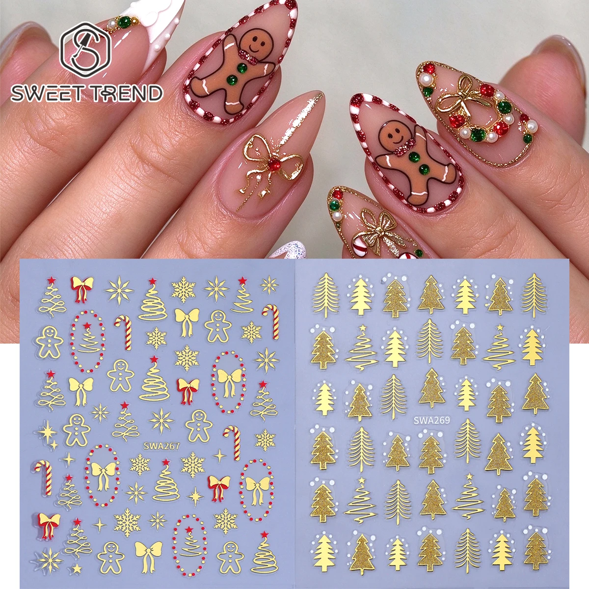 2pcs Sparkling Gold Christmas Nail Stickers Metal Simple Adorable Xmas Tree Bow Gingerbread Man Snowflakes Winter Manicure Decal
